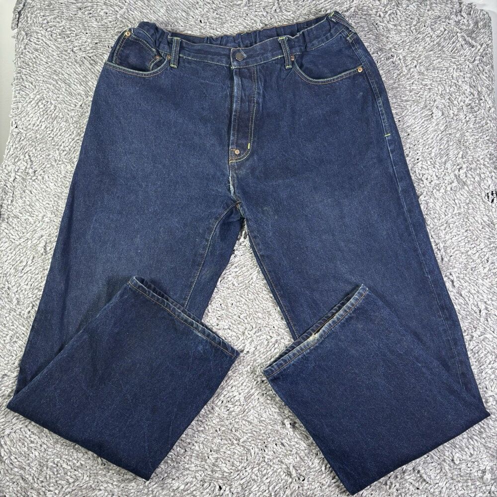 EVISU Button Fly Jeans Mens 40 Elastic Waist Designer Denim Embroidery Embroider
